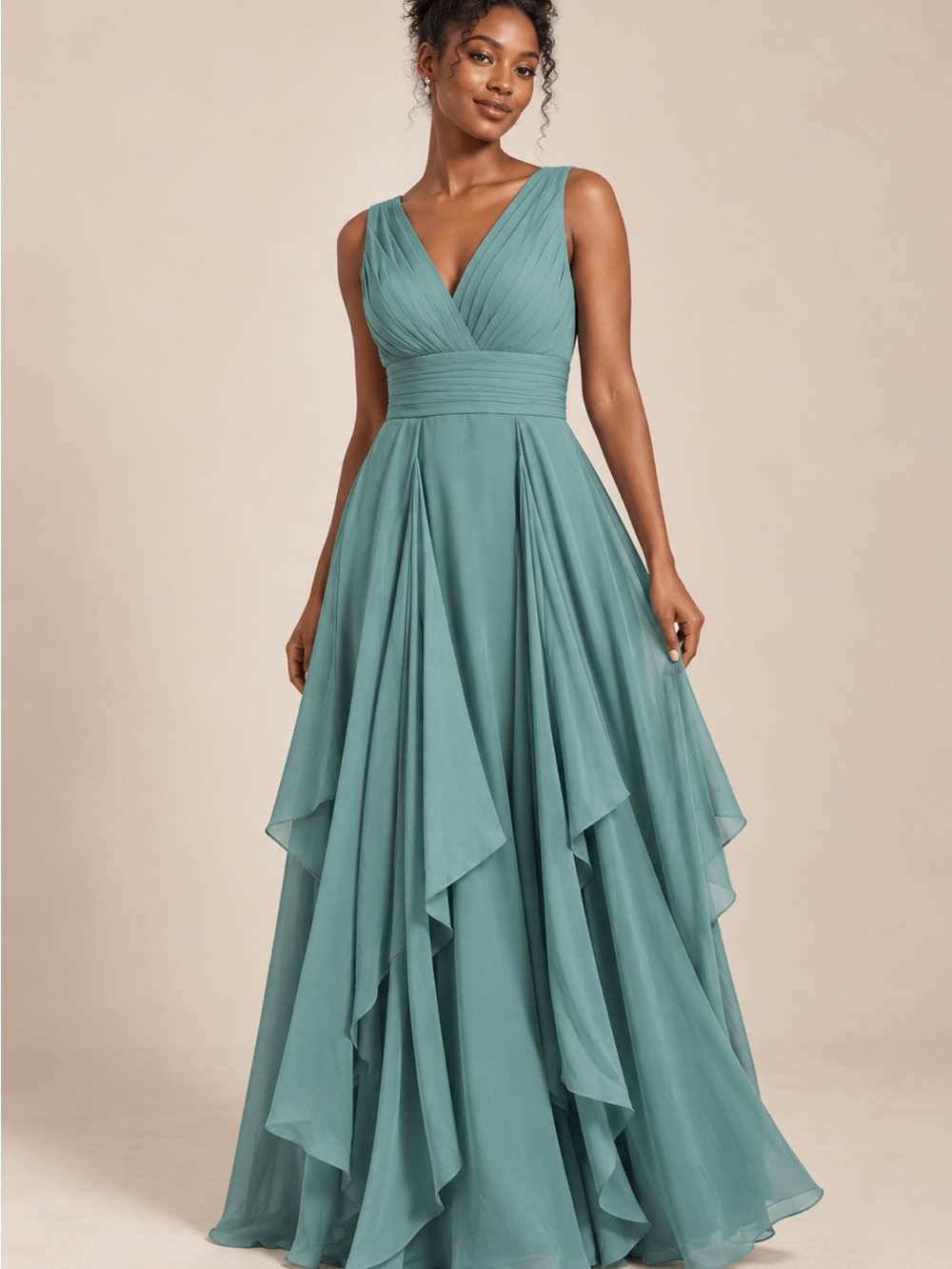 Elegant Teal V-Neck Layered Maxi Dress